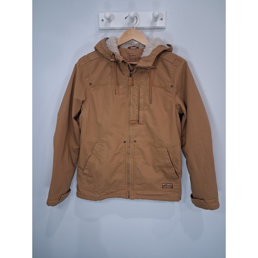 LL Bean Mens Insulated Utility Hoodie Jacket Brown Canvas S REG